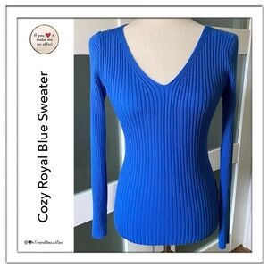 Everyday Wear Royal Blue Long Sleeve V-Neck Ribbed Knit Sweater
